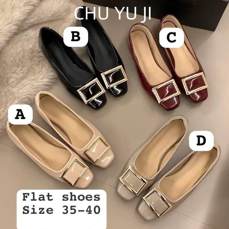 Square Buckle Patent Flat Shoes