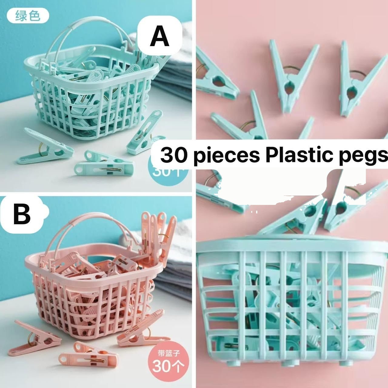 Plastic Clothes Pegs with Basket (30 pcs)