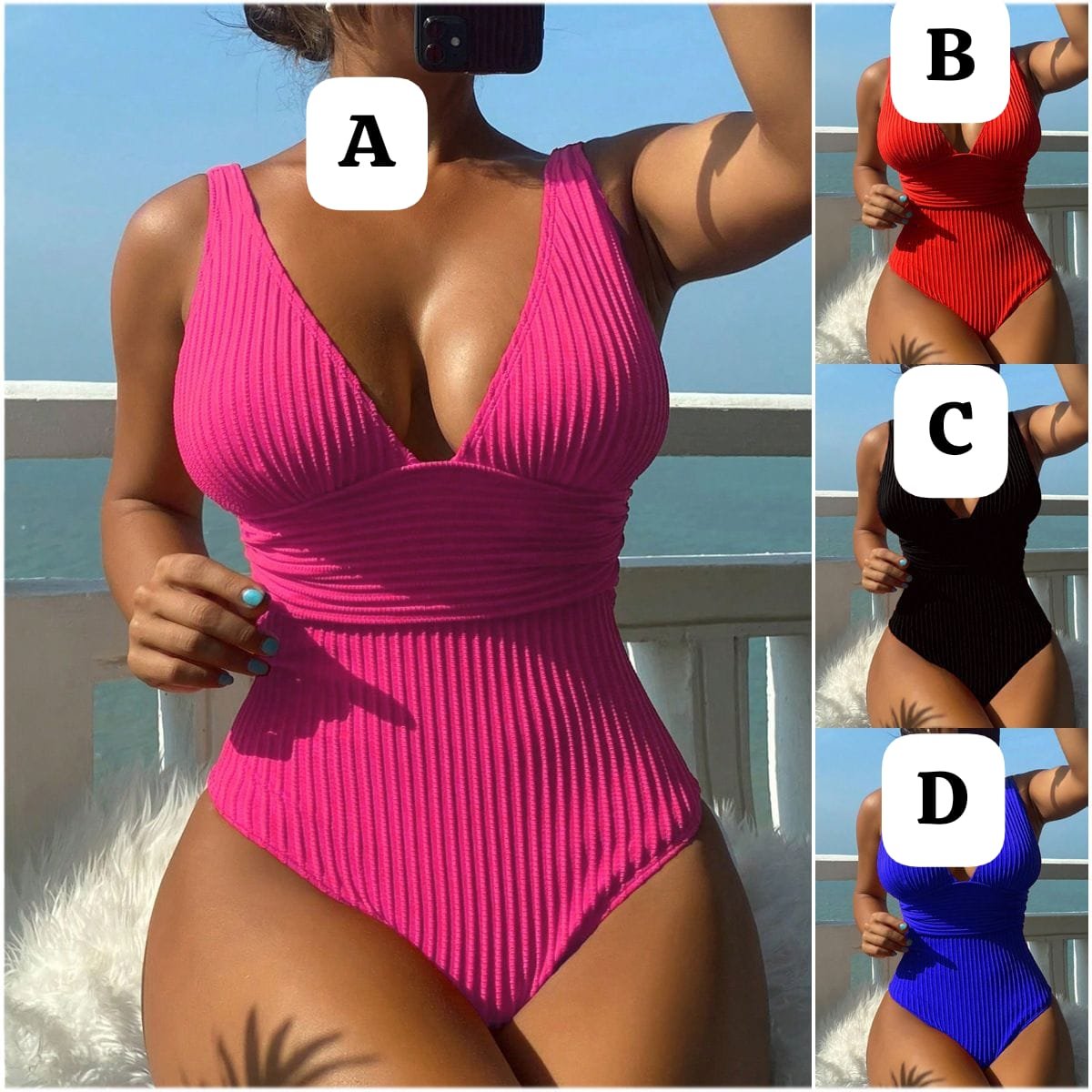 Sleeveless Ribbed Swimsuit with Breast Pads