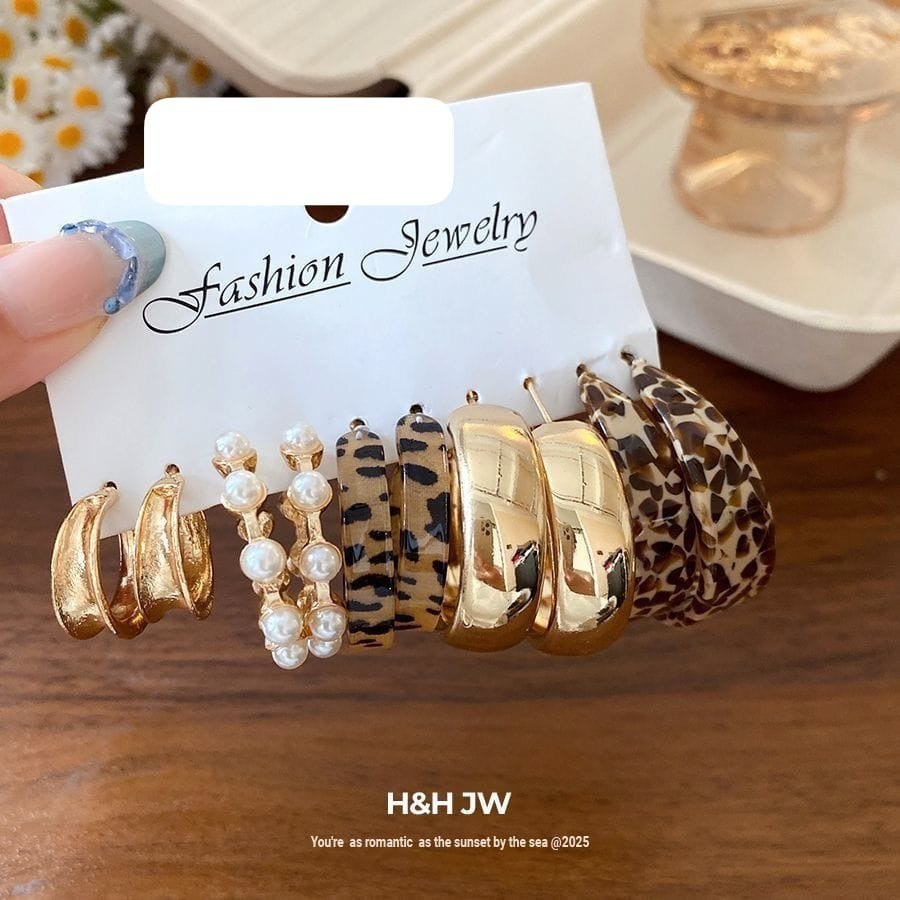 Gold, Pearl and Leopard Hoop Earrings Set