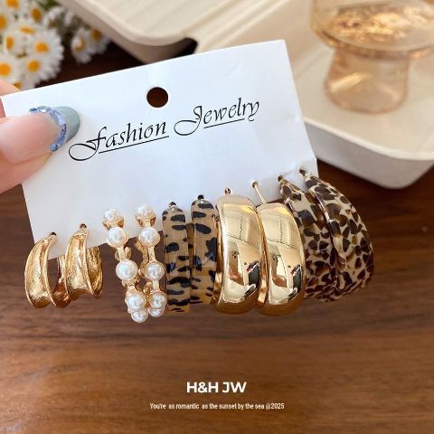 Gold, Pearl and Leopard Hoop Earrings Set