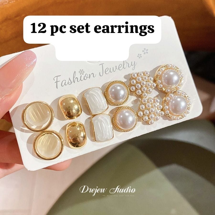 Gold and Pearl Stud Earrings Set (12 pcs)