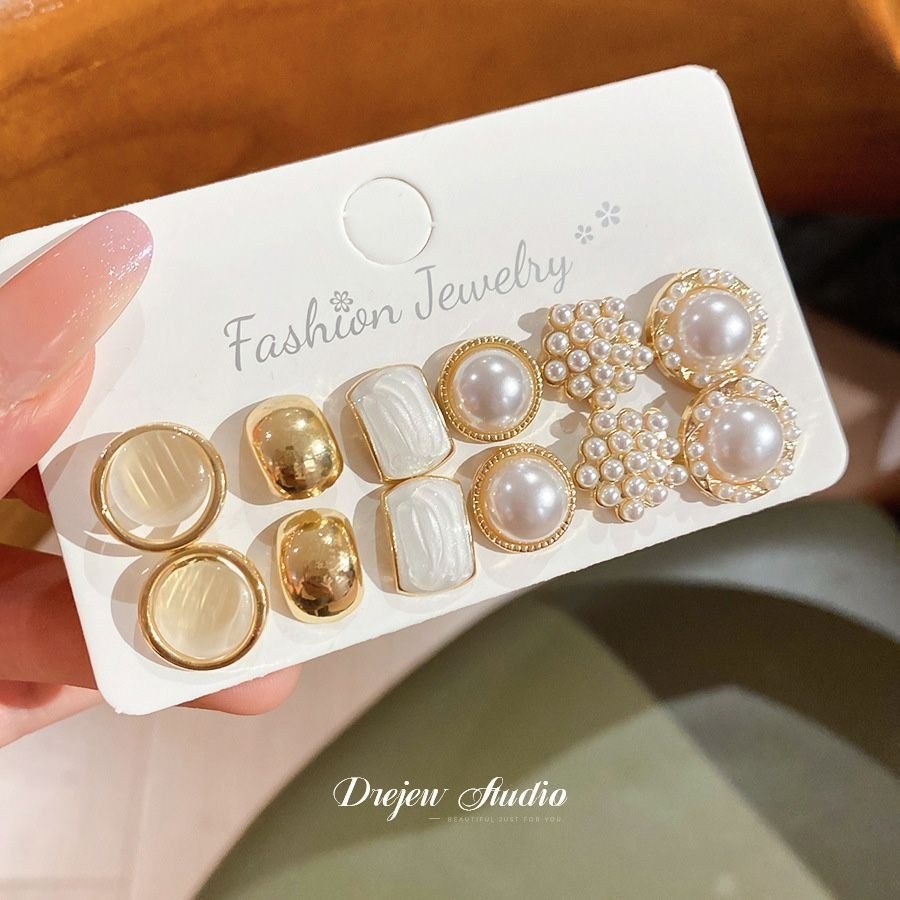 Gold and Pearl Stud Earrings Set (12 pcs)