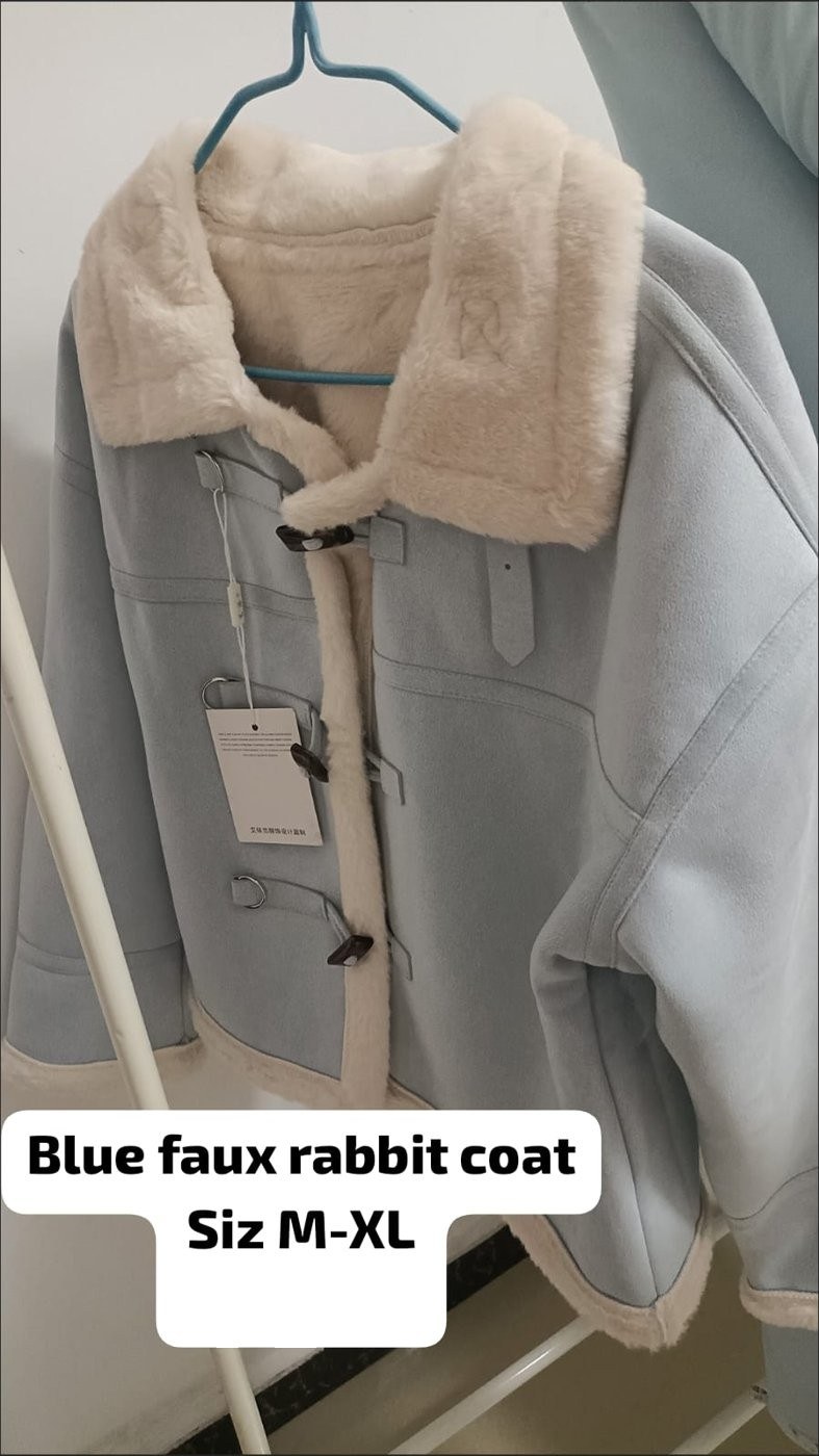 Blue Faux Rabbit Fur Coat