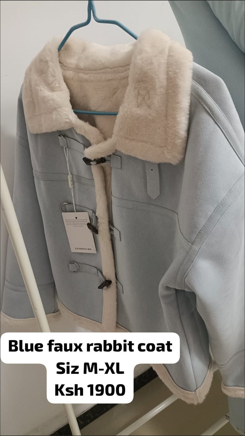Blue Faux Rabbit Fur Coat